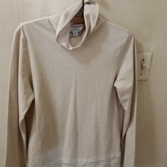 Sundance Sz M beige lightweight Turtleneck top with lace on bottom - Picture 2 of 5